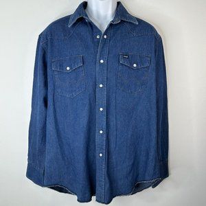 Wrangler Men’s Denim Pearl Snap Large Long Sleeve Shirt Air Force Embroidered